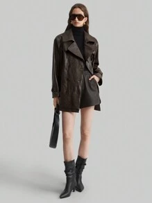 Ontre Women's 2025 New Brown Spring New Year Turndown Collar Pocket Waistband Urban Chic PU Jacket - Brown - View 1