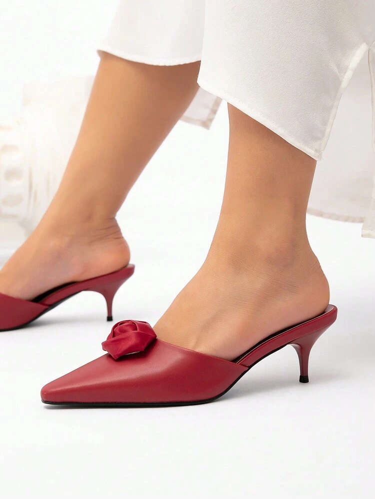 CUCCOO CHICEST Women's Elegant Pointed Toe Slip-On Mule Pumps With 3D Rose Flowers, Soft Comfortable Romantic Stiletto High Heels, Wine Red PU Leather, Suitable For Party, Formal Occasions, Valentine's Day Spring Shoes Spring Break Easter Prom Heels