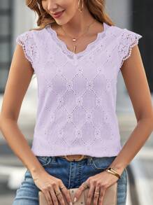 SHEIN Clasi Blusa sencilla de uso diario para mujer, de unicolor con adorno de encaje