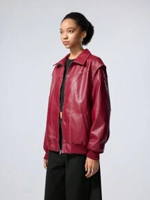 LYSMO 女士纯色 PU 皮革长袖前拉链常规夹克 - 斋月 - 紅色 - 查看 4