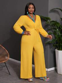 Slaydiva Elegant Commute Party Date Outfit, Solid-Color Magenta Long Sleeve Waist Twist Bowknot High Waist Wide Leg Jumpsuit, Plus Size For Valentine's Day - Yellow - View 6
