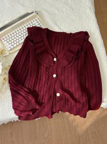 SHEIN Privé Plus Size Elegant Commuter School Style V-Neck Ruffle Trim Long Sleeve Fishbone Knit Cardigan Sweater - Red Violet - View 1