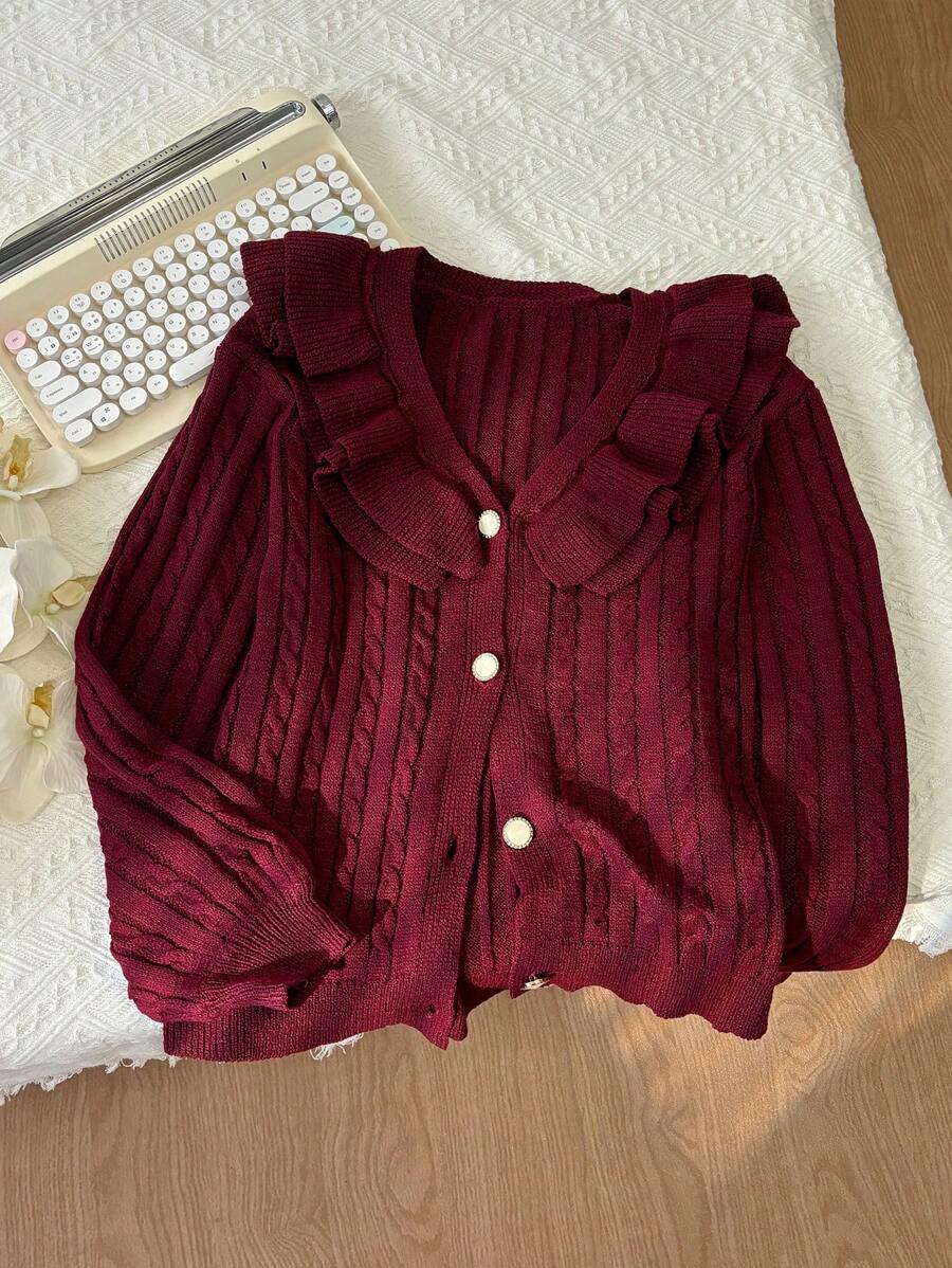 SHEIN Privé Plus Size Elegant Commuter School Style V-Neck Ruffle Trim Long Sleeve Fishbone Knit Cardigan Sweater - Red Violet - View 1