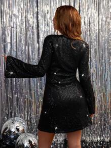 SHEIN VCAY Plus Size Woman Vacation Chiffon Sequin Front Self-Tie Flare Sleeve Fitted Mini New Year Dress For Women - Black - View 2