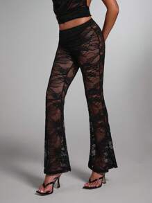 SHEIN BAE 女士优雅性感透明蕾丝裤情人节黑色性感透视蕾丝紧身喇叭裤女士度假女士新年女士紧身裤女士度假女士西部装女士 - 黑色 - 查看 3
