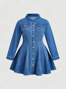 SHEIN CURVE+ Damen Große Größen Langarm Einfachknopf Tasche Lässig Jeans Kleid, Herbst