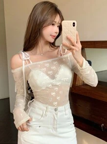 DAZY 女式白色露肩蝴蝶结系带上衣，春夏季节日透视装，露肩长袖女式上衣，秋季女装 - 白色 - 查看 4