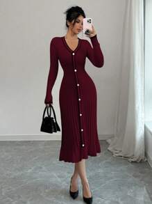 Selianne Women's V-Neck Long Sleeve Single-Breasted Fitted Elegant Sweater Dress, Autumn/Winter Fall Cloth For Women - Burgundy - View 6