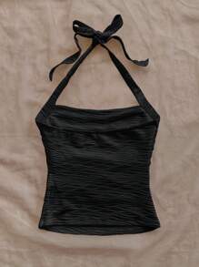 Soleia 女士度假挂脖式黑色纹理针织修身背心