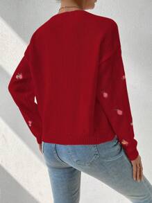 Chiquease 女士花卉图案红色圆领落肩长袖休闲毛衣，秋冬 - 酒紅色 - 查看 3