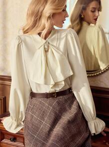 Vintamour Bluză vintage retro elegantă pentru femei, guler cu volane din dantelă, mâneci felinar, topuri cu mâneci lungi de lucru, topuri de vacanță de Anul Nou, bluze casual pentru femei, bluze pentru femei, ziua de naștere, Ziua Îndrăgostiților, cămăși cu mâneci lungi pentru invitați la nuntă, ținute de birou, topuri drăguțe, top de Anul Nou, top de lucru pentru femei, stil vechi, topuri cu mâneci lungi pentru femei, topuri de lucru pentru femei, stil rustic, Ziua Îndrăgostiților. - Caisă - Vizualizare 2