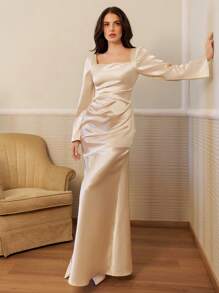 SHEIN Cottnline Vestido de noche elegante de satén con cuello cuadrado y mangas fruncidas para mujer - Blanco - Ver 4