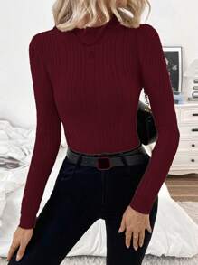 SHEIN Clasi Classic European & American Ribbed Mock Neck Thick Lined Slim Fit Long Sleeve Knit Sweater, Versatile Base Layer For Autumn/Winter Knit Pullover Fall Sweater - Burgundy - View 6