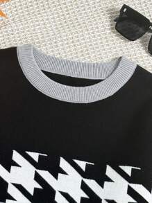 1 pieza Suéter de punto estilo coreano a cuadros patchwork para niña preadolescente, cuello redondo, negro y gris, apto para otoño/invierno - Negro - Ver 6