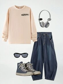 SHEIN Teen Boys Casual Minimalist Streetwear Small English Icon Print Long Sleeve T-Shirt, Street Style Crewneck Tee, Retro American Casual Gift, Suitable For Summer Outings And Daily Wear, Washable All Season