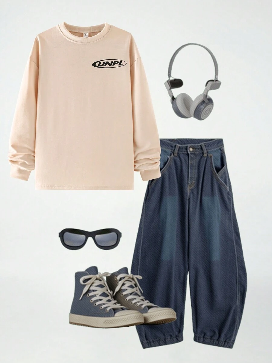 SHEIN Teen Boys Casual Minimalist Streetwear Small English Icon Print Long Sleeve T-Shirt, Street Style Crewneck Tee, Retro American Casual Gift, Suitable For Summer Outings And Daily Wear, Washable All Season