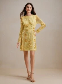 Anewsta Robe à manches longues avec broderie florale élégante pour femmes, tenues de printemps/été
