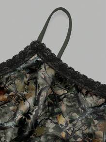 ORANGE STUDIO Artist Y2k Women's Camo Sexy Lace & Branch Print Knit Camisole Top And Shorts 2 Pieces Set, For Holiday, Vacation, Spring & Summer, Going Out Rave Outfits Festival, Ibiza Fits