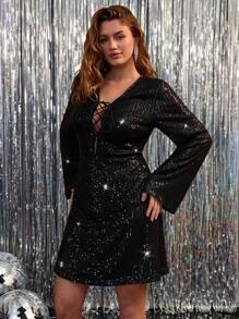 SHEIN VCAY Plus Size Woman Vacation Chiffon Sequin Front Self-Tie Flare Sleeve Fitted Mini New Year Dress For Women - Black - View 6