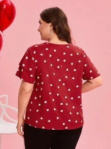 Reflora 曲线加大码女式心形印花圆领荷叶边袖休闲衬衫，情人节，女士度假装，情人节服装，心形，情侣，女士外出上衣，商务休闲女装，夏季，可爱衬衫，办公室