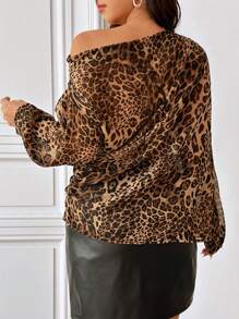 SHEIN Frenchy Plus Size Asymmetrical Neck Leopard Print Floral Decor Long Sleeve Blouse