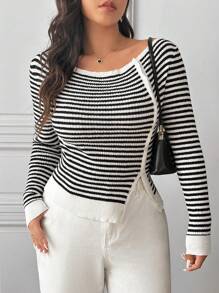 SHEIN Frenchy Plus Size Crew Neck Long Sleeve Striped Button Casual Pullover Sweater Fall/Winter - Black and White - View 5