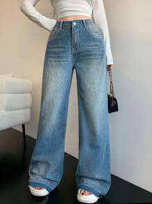 SHEIN MOD MOD Women's Casual Skinny Straight Leg Jeans, Blue Baggy Women Jeans,Baggy Jeans,Y2k Clothes,Stacked Women Jeans,Blue Jeans,Wide Leg Pants