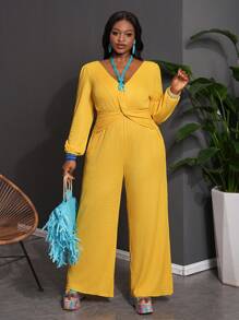 Slaydiva Elegant Commute Party Date Outfit, Solid-Color Magenta Long Sleeve Waist Twist Bowknot High Waist Wide Leg Jumpsuit, Plus Size For Valentine's Day - Yellow - View 3