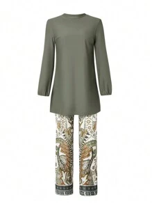 Swim Mulvari 2 Pieces Beach Outfit For Women: High Neck Long Sleeve Solid Top & Loose Bohemian Print Pants, Casual Holiday For Summer Beach Vacation