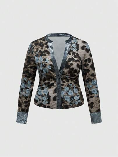 Fairycore Blusa con estampado de leopardo y flores en tono azul retro para mujer talla grande
