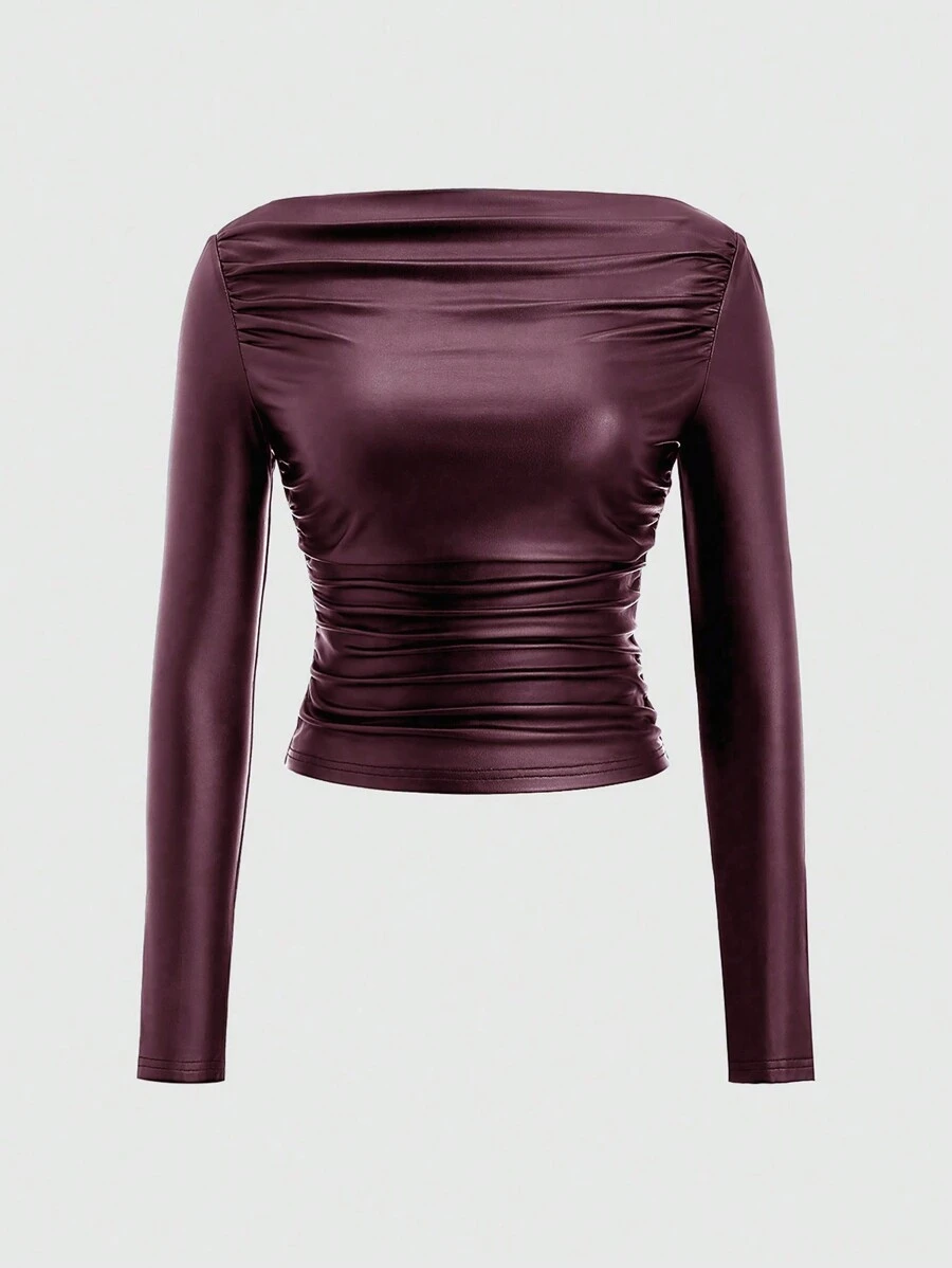 SHEIN Unity Camiseta de manga larga con hombros descubiertos, ajustada y con fruncidos, de piel sintética (PU) para mujeres - Rojo violeta - Ver 1