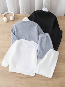 SHEIN Leap Crew 6 件套青少年男童休闲可爱日常舒适英文图案宽松圆领运动衫和裤子套装，买 2 送 1，适合旅行、学校、休闲聚会、秋冬季、返校装、秋季装 - 白色 - 查看 2