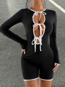 Chiquease Sexy Long Sleeve Lace-Up Colorblock Skinny Jumpsuit For Women