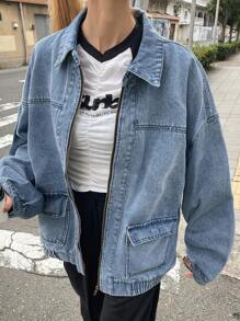 FRIFUL Women's Autumn Dropped Shoulder Long Sleeve Zipper Front Casual Denim Jacket