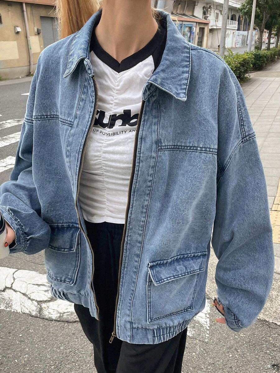 FRIFUL Women's Autumn Dropped Shoulder Long Sleeve Zipper Front Casual Denim Jacket