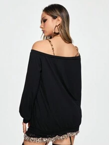 ROMWE J-Fashion Y2K Shibuya Gyaru Cropped Asymmetrical Neck Tee With Leopard Print And Skeleton Embroidery For Women - Black - View 5