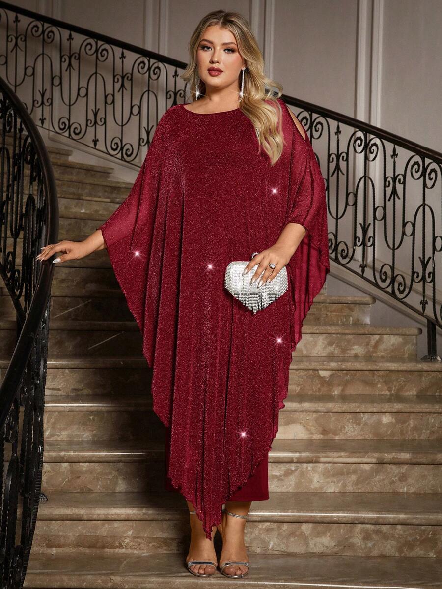 SHEIN Clasi 加大码优雅雪纺连衣裙长款披肩覆盖婚礼宾客正式鸡尾酒会新娘母亲装