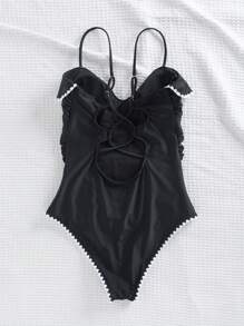 Summer Women's Elegant French Ruffle Trim Bodycon High Waist Ruched One-Piece Swimsuit