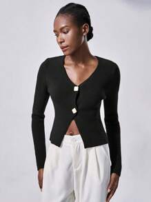 Lumivelle 女士针织长袖黑色开衫，高品质，优雅，收腰，百搭毛衣，秋冬 - 黑色 - 查看 3