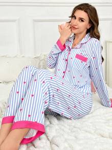 CottageSlumber Striped Heart Patchwork Top & Pants 2pcs Pajama Set, Fall Winter Clothes Cozy And Elegant Details - Multicolor - View 3