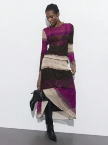 Maija Conjunto de dos piezas minimalista y elegante para mujeres con top de cuello redondo de manga larga con estampado de teñido anudado y falda de línea A, adecuado para fiestas, reuniones, Día de San Valentín, primavera/verano - Morado - Ver 1