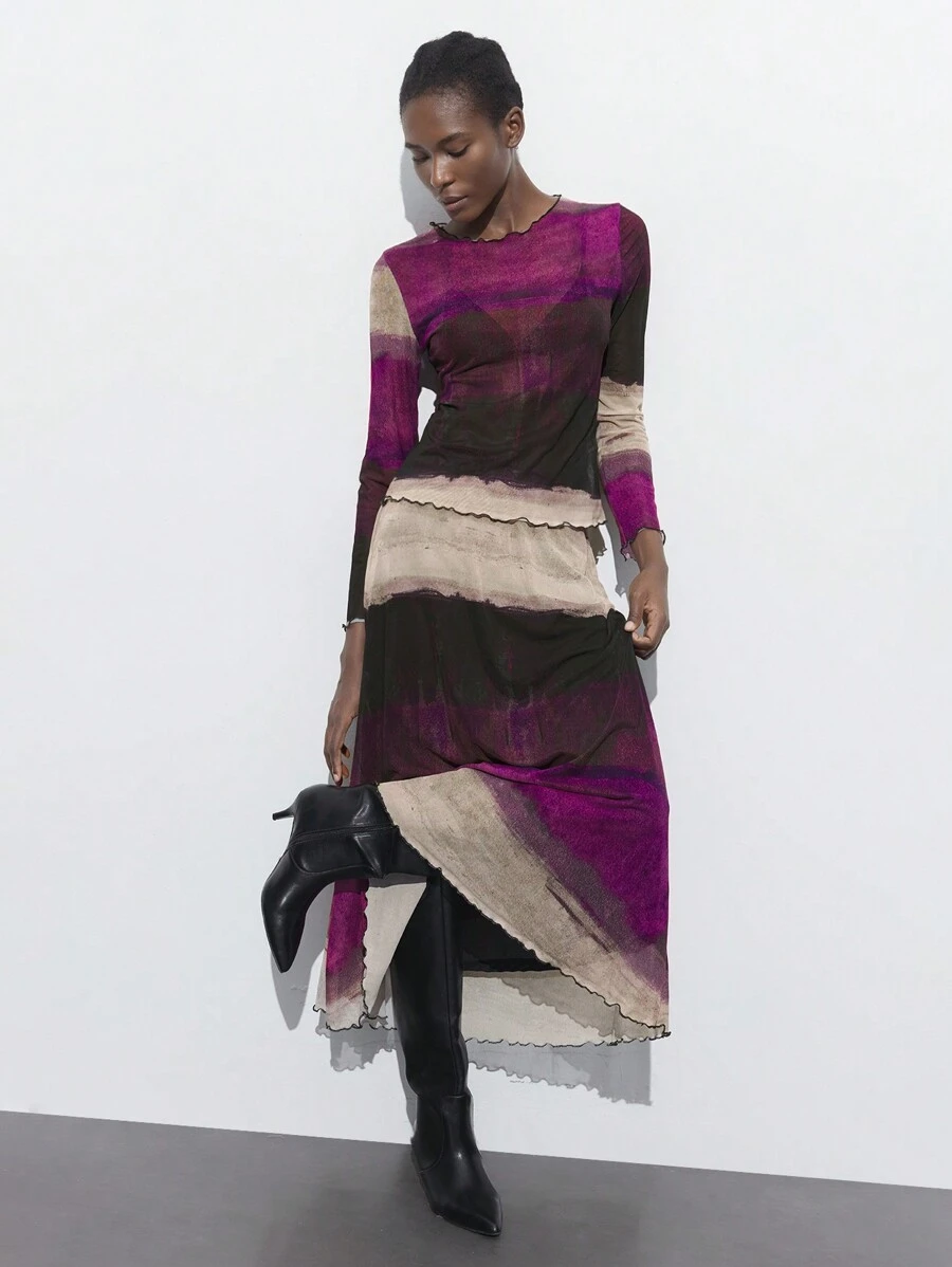 Maija Conjunto de dos piezas minimalista y elegante para mujeres con top de cuello redondo de manga larga con estampado de teñido anudado y falda de línea A, adecuado para fiestas, reuniones, Día de San Valentín, primavera/verano - Morado - Ver 1