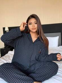 Dazy Petite Plus Plus Size Cartoon Pattern Embroidered Navy Pajama Set, Suitable For All Seasons - Navy Blue - View 1