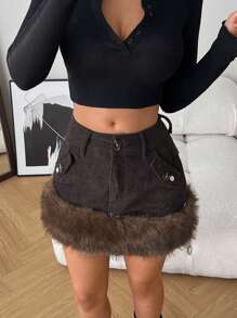 女士蓬松灯芯绒拼布口袋纯色休闲 A 字裙，秋冬