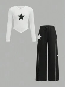 SHEIN 2pcs/Set Tween Girls Fitted Knit Ribbed Star Pattern T-Shirt & Woven Patchwork Drawstring Waist Wide Leg Pants Set, Casual - Black and White - View 1