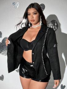 Viva Relle 大码女式西装外套，带人造珍珠装饰，修身剪裁，休闲简约风格，适合日常穿着 - 黑色 - 查看 2