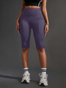 Powerista 无缝高腰口袋运动短裤，纯色