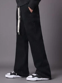 SUMWON Weite Schlagjeans mit Zugband in der Taille, locker geschnitten, Retro-Stil für Herbst/Winter, Lässig Streetwear College Mode Y2K Hose - Dunkelgrau - Übersicht 1