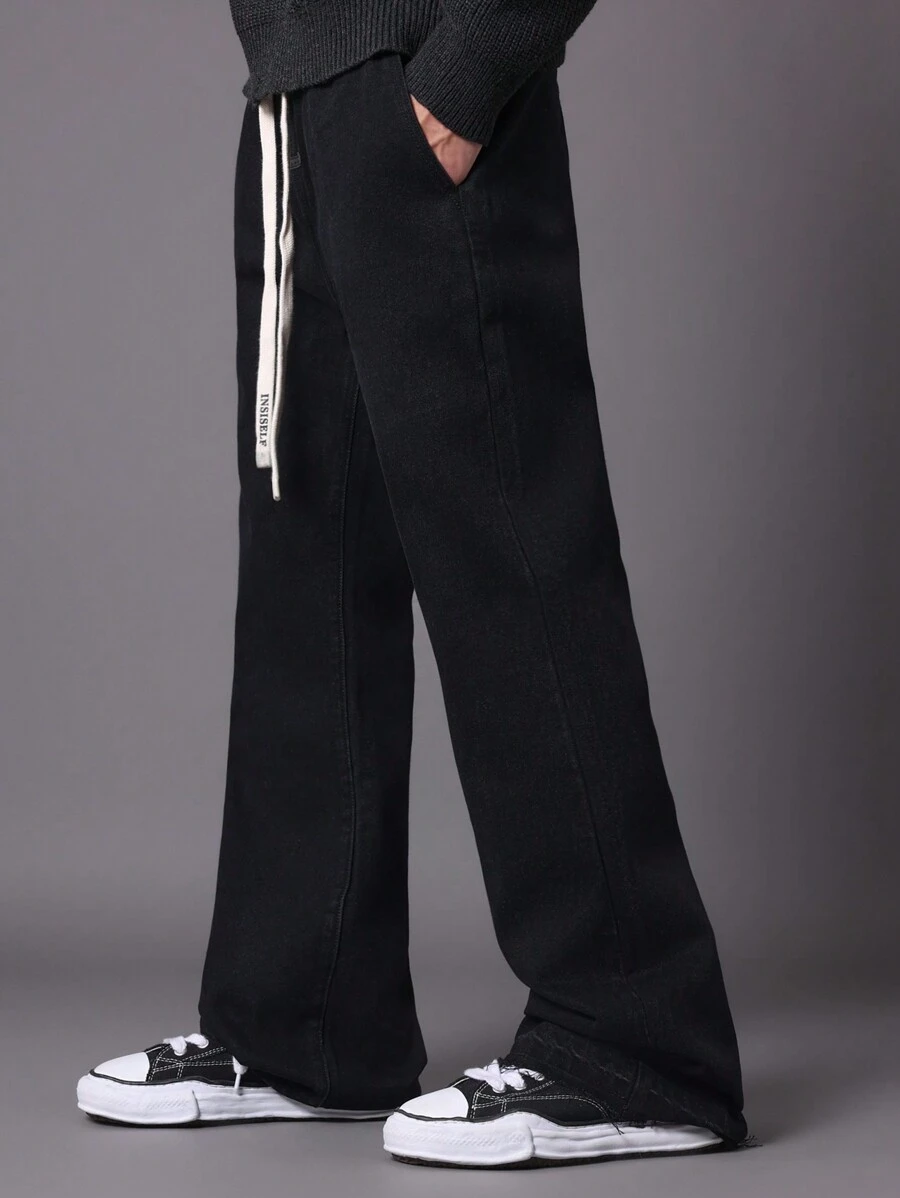 SUMWON Weite Schlagjeans mit Zugband in der Taille, locker geschnitten, Retro-Stil für Herbst/Winter, Lässig Streetwear College Mode Y2K Hose - Dunkelgrau - Übersicht 1