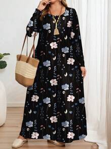EMERY ROSE 休闲简约全身花卉印花大码长袖圆领连衣裙，适合秋冬季 - 彩色 - 查看 4